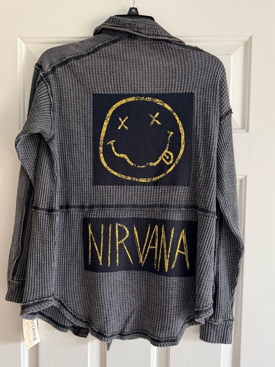 NIRVANA Upcycled Black Waffle Knit Button Down Shirt OVERSIZED Size XS OOAK - Picture 3 of 5
